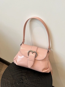 Pink glossy underarm bag with silver heart buckle and stylish pleated leather design