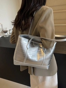 Chic metallic silver large tote bag for women with dual shoulder straps and textured finish