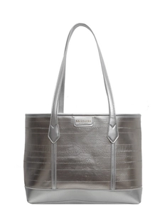 Large silver metallic tote bag with horizontal stripe embossing and dual shoulder straps