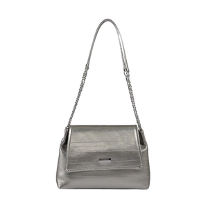 Silver metallic tote bag with textured horizontal patterns and elegant chain shoulder strap