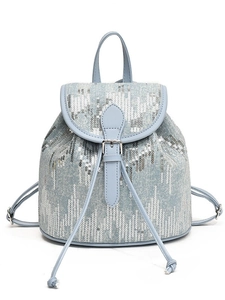 Mini sac à dos en jean bleu clair avec paillettes argentées et cordon pour femmes