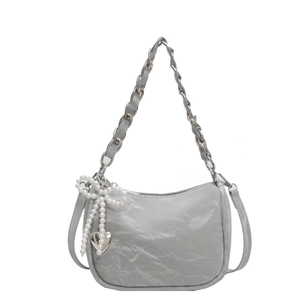 Light gray pleated shoulder bag with pearl bow charm and silver chain strap