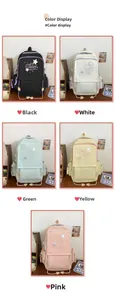 Collage of student backpacks in black, white, green, yellow, and pink colors