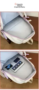 Detail view of large capacity white backpack with purple zippers and internal tablet pocket
