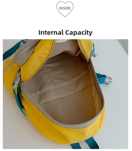 Top view of yellow nylon backpack interior with spacious main compartment and inner pockets