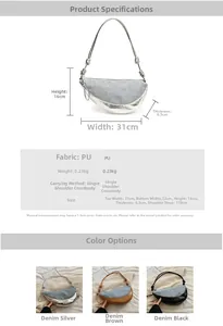 Size details and specifications of denim PU half-moon crossbody bag with dimensions