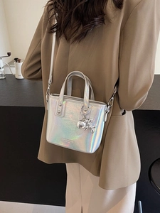 Fashion Metallic Silver Bucket Bag For Women PU Leather Crossbody Bag With Balloon Dog Pendant Stylish Handheld Shoulder Bag