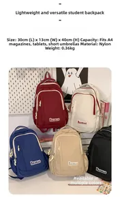 Detailed size chart and multi-color nylon school backpacks in five different shades