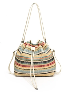 Colorful woven straw backpack with multi-color stripes and drawstring for summer travel