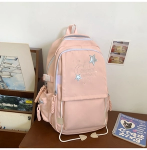 Pink nylon backpack detail showing silver star embroidery and multi-zipper compartments