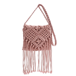 Pink handmade cotton macrame bag with diamond weave and long fringe tassels for beach vacations