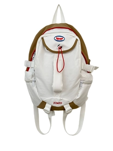 White and yellow functional nylon backpack with red accents for students and commuters