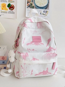 Schicker weißer Rucksack mit rosa fernöstlichen Motiven und weichem Wolkenanhänger