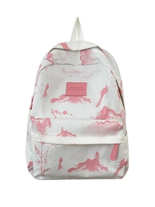 Weißer Schulrucksack mit rosa orientalischer Landschaft und Bambus-Wald-Design
