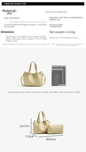 Size chart for women's beige PU bucket bag with adjustable straps and dimension details