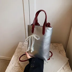 Petit Sac Seau Bandoulière Femme Cuir PU Métallisé Avec Nœud En Künstliche Perles Sacoche Téléphone Pour Fête Style Quotidien