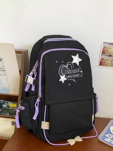 Large capacity black and purple student backpack with star embroidery and side pockets