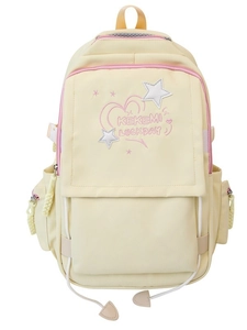 Large capacity beige school backpack with pink zippers and cute star embroidery for students