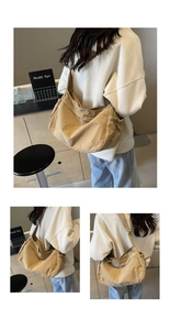 Close-up of khaki nylon crossbody bag showing spacious main pocket and side compartments