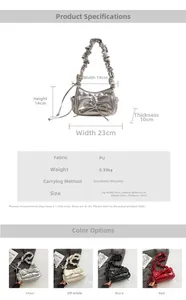 Detailed size guide for silver pleated bow shoulder bag showing 23cm width and dimensions