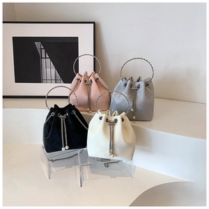 Chic satin bucket bags with metal ring handles and pearl chain details in four colors