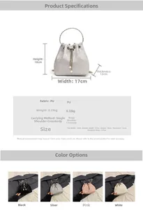Detailed size chart and specifications for the shiny PU bucket bag with chain strap