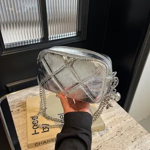 Women Quilted Crossbody Bag With Metallic Chain And Butterfly Balloon Dog Charm Vintage Y2K Fashion Small Square Shoulder Bag