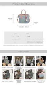 Detailed size chart and specifications for denim bucket bags with color-contrast trim