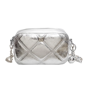 Silver quilted metallic crossbody bag with chain strap and balloon dog charm