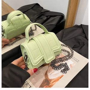 Close-up of mint green crocodile pattern mini bag with silver chain strap and handle