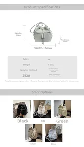 Detailed size specifications and color options for the stylish drawstring bucket backpack
