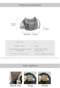 Detail showing bucket bag dimensions 18x14x13cm and cat plush pendant accessory