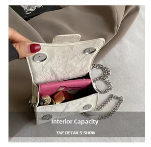 Detail view of the mini handbag interior showing space for wallet and cosmetics