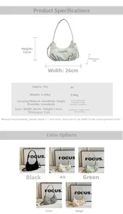 Detailed size chart for crescent underarm bag with bow, 26x12x7cm with 5 color options