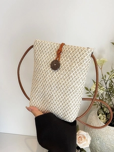 Women Woven Straw Mini Crossbody Bag Summer Beach Vacation Phone Purse With Wood Button Solid Color Stripe Small Handbag