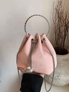 Pink bucket bag with silver metal ring handle and pearl drawstring tassels for women