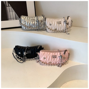 Quilted mini crossbody bags in silver, white, black and pink with metal bead chain
