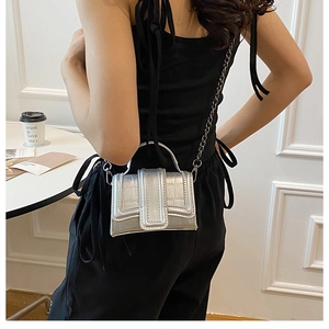 Silver mini crossbody bag with crocodile pattern and metal chain on model's back
