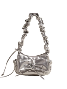 Borsa sottobraccio argento metallizzato per donna con dettagli arricciati e fiocco