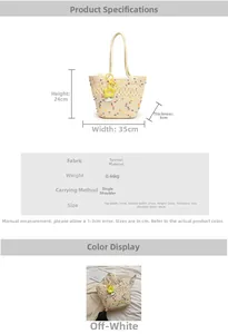 Spécifications détaillées de taille pour le grand sac à bandoulière tissé crème avec fleur