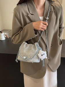 Women Fashion PU Leather Drawstring Bucket Bag With Silver Metal Chain Crossbody Shoulder Bag Street Trendy Handbag With Plush Charm