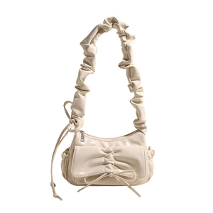 Creamy white PU leather underarm bag with pleated bow and scrunchie shoulder strap
