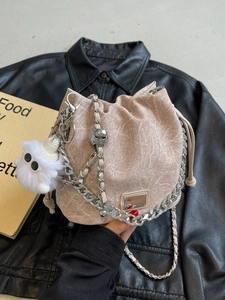 Fashion apricot bucket bag with silver chain and cute plush doll pendant accessory