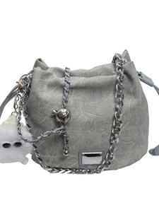 Minimalist grey marble pattern bucket bag with silver chain and plush charm