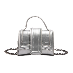 Mini silver crocodile embossed leather crossbody bag with chain and top handle