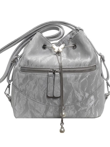 Silver bucket bag in wrinkled glossy leather with butterfly buckle and pearl charms