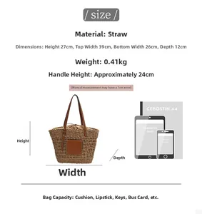 Detailed size chart for woven straw tote bag with leather handles and dimensions