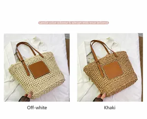 Detail of hand-woven straw tote bags in beige and khaki with premium leather straps