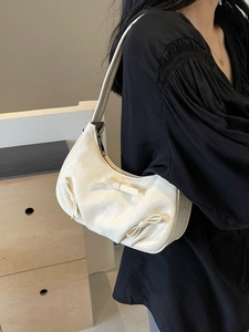 French Style PU Leather Underarm Bag For Women Pleated Bow Decoration Shoulder Crossbody Handbag Fashion Crescent Bag