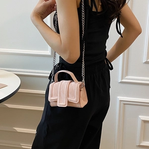 Chic light pink mini square handbag with wavy flap and silver chain strap for women